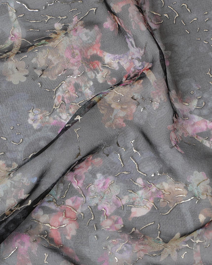 Charcoal Elegance Floral Silk Chiffon Jacquard, 110cm - Shop Online-D18376