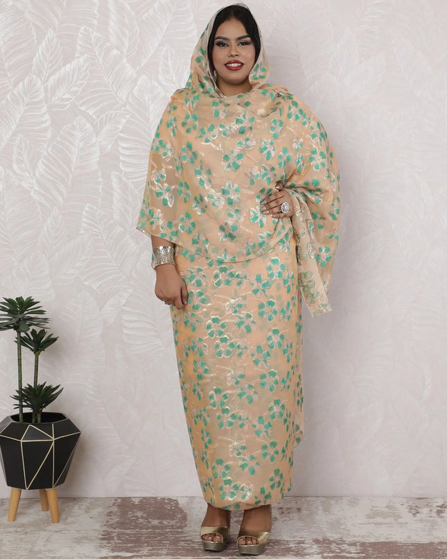 Elegant Sudanese Thobe Fabric - Metallic Lurex Silk Chiffon, 110cm Width, 4.5 Mtrs Piece - Traditional Gold and Green Floral Design-D18478 Regal Fabrics