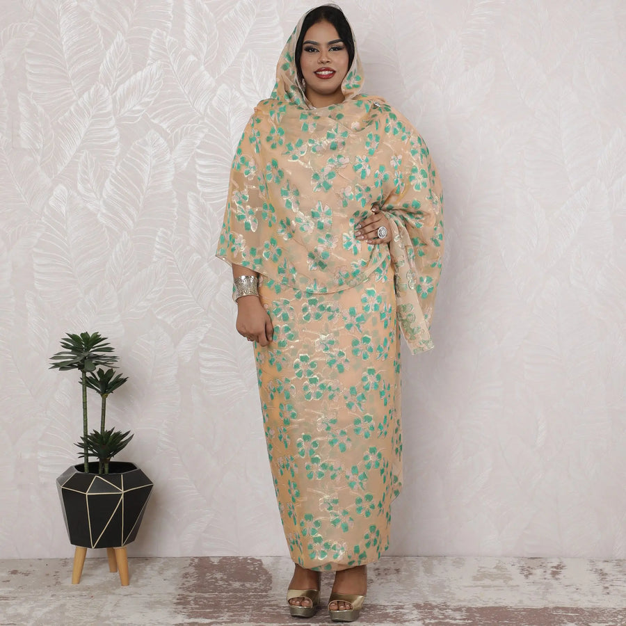 Elegant Sudanese Thobe Fabric - Metallic Lurex Silk Chiffon, 110cm Width, 4.5 Mtrs Piece - Traditional Gold and Green Floral Design-D18478 Regal Fabrics