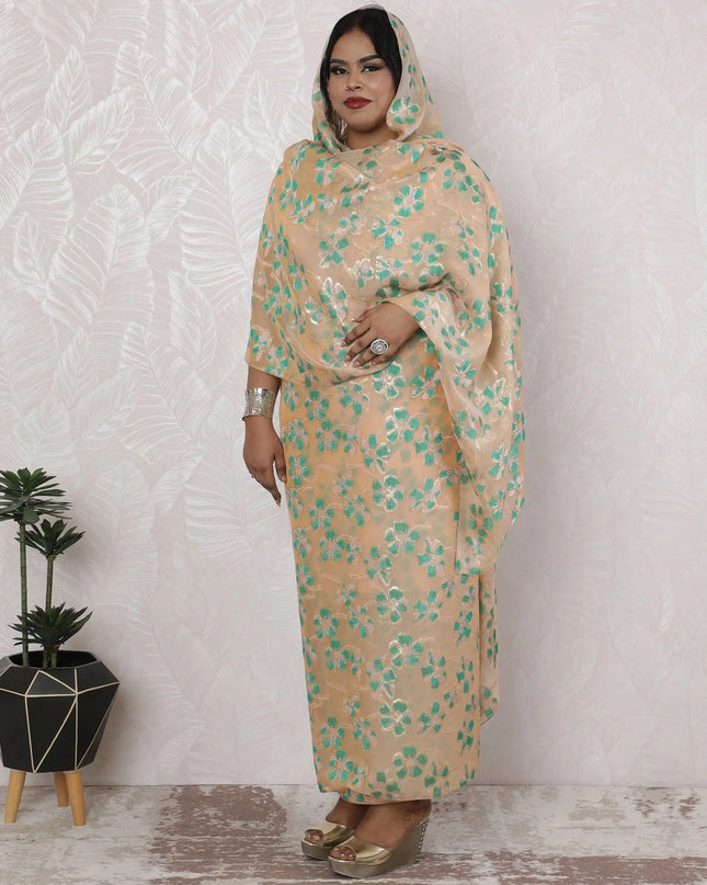 Elegant Sudanese Thobe Fabric - Metallic Lurex Silk Chiffon, 110cm Width, 4.5 Mtrs Piece - Traditional Gold and Green Floral Design-D18478 Regal Fabrics