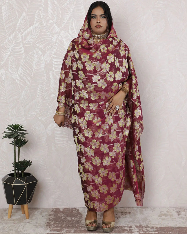 Luxurious Ruby Pink Floral Silk Chiffon Thobe Fabric - Metallic Lurex Detail, 110cm Wide, 4.5 Mtrs Length - Traditional Sudanese Craftsmanship-D18479 Regal Fabrics