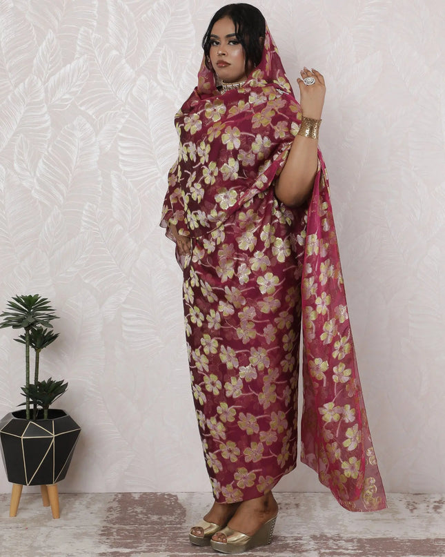 Luxurious Ruby Pink Floral Silk Chiffon Thobe Fabric - Metallic Lurex Detail, 110cm Wide, 4.5 Mtrs Length - Traditional Sudanese Craftsmanship-D18479 Regal Fabrics