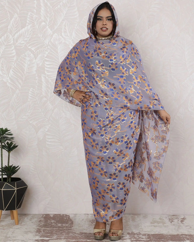 Sophisticated Lavender Silk Chiffon Thobe Fabric - Enriched with Metallic Lurex, 110cm Width, 4.5 Mtrs Cut - Opulent Blue and Gold Floral Design-D18480 Regal Fabrics