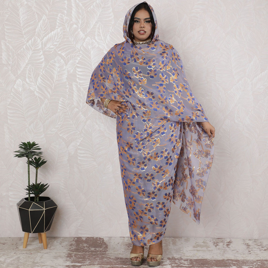 Sophisticated Lavender Silk Chiffon Thobe Fabric - Enriched with Metallic Lurex, 110cm Width, 4.5 Mtrs Cut - Opulent Blue and Gold Floral Design-D18480
