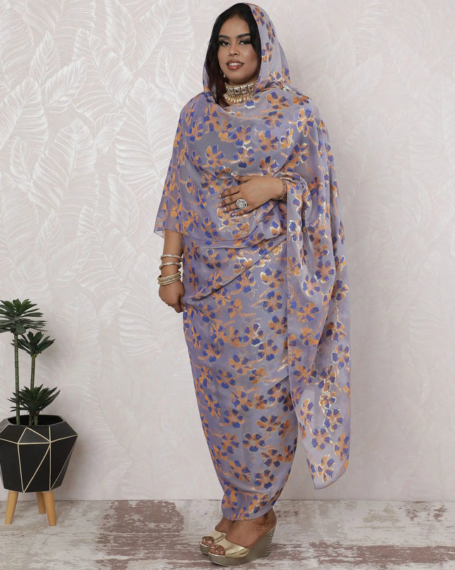 Sophisticated Lavender Silk Chiffon Thobe Fabric - Enriched with Metallic Lurex, 110cm Width, 4.5 Mtrs Cut - Opulent Blue and Gold Floral Design-D18480 Regal Fabrics