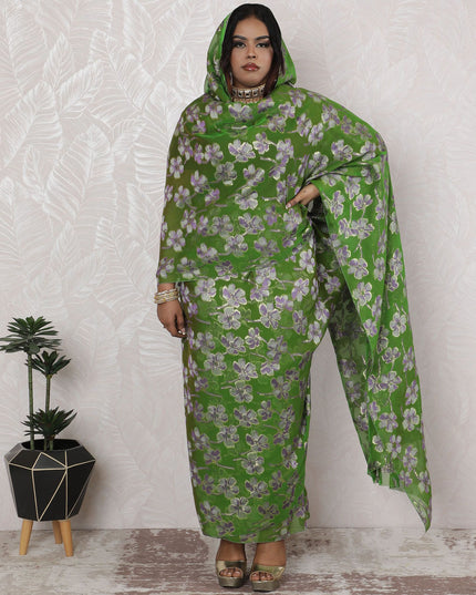 Green Floral Lurex-Infused Silk Chiffon Thobe Fabric - 110cm Width, 4.5 Mtrs Piece -D18481