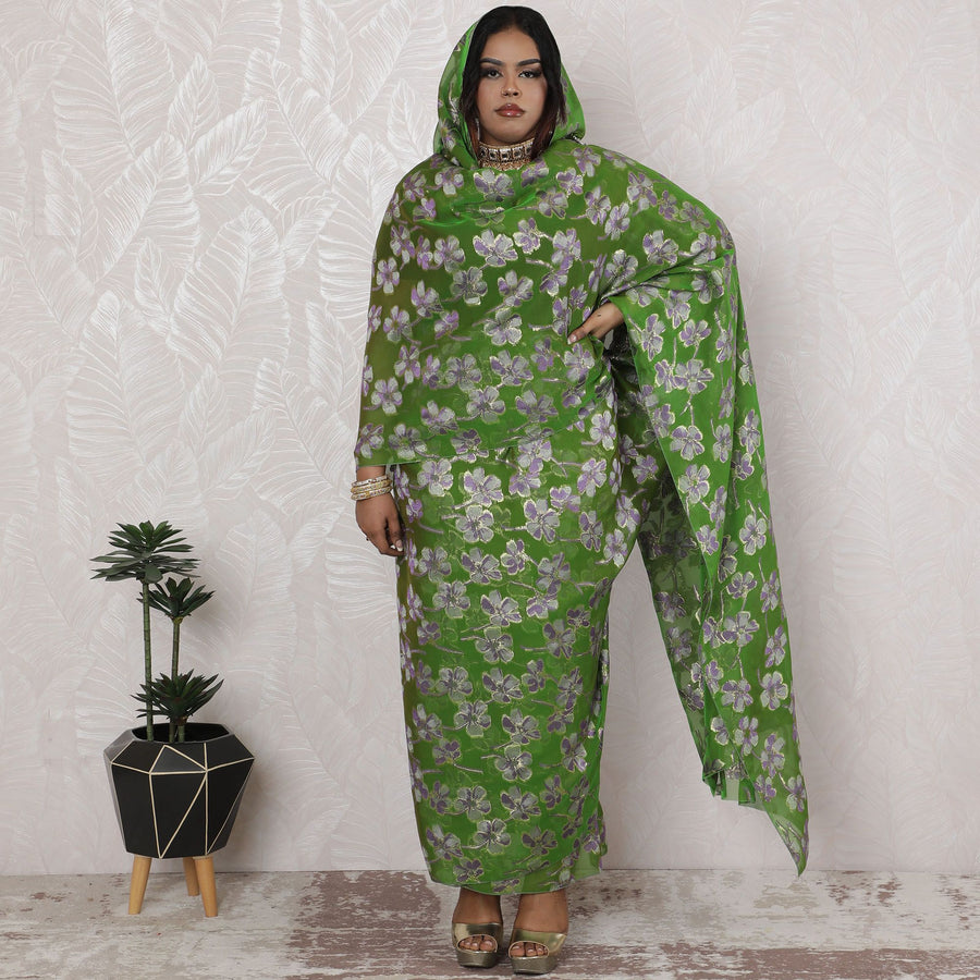 Green Floral Lurex-Infused Silk Chiffon Thobe Fabric - 110cm Width, 4.5 Mtrs Piece -D18481