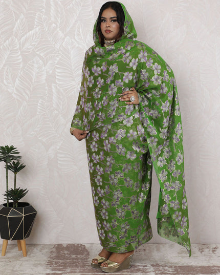 Green Floral Lurex-Infused Silk Chiffon Thobe Fabric - 110cm Width, 4.5 Mtrs Piece -D18481