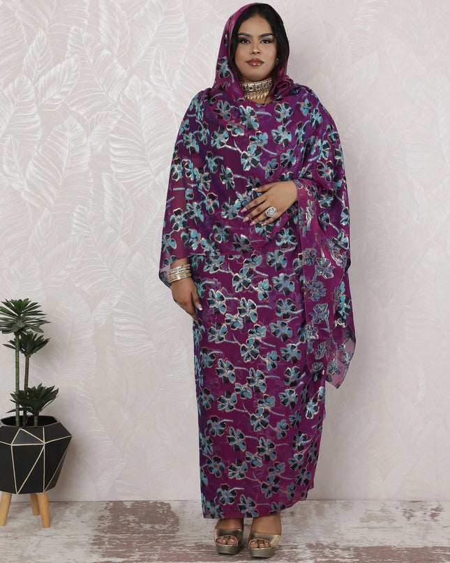 Royal Purple Silk Chiffon Thobe Fabric with Metallic Lurex, 110cm Wide, 4.5 Mtrs Piece - Traditional Sudanese Design-D18482 Regal Fabrics