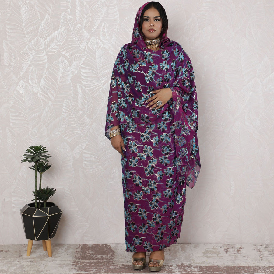 Royal Purple Silk Chiffon Thobe Fabric with Metallic Lurex, 110cm Wide, 4.5 Mtrs Piece - Traditional Sudanese Design-D18482