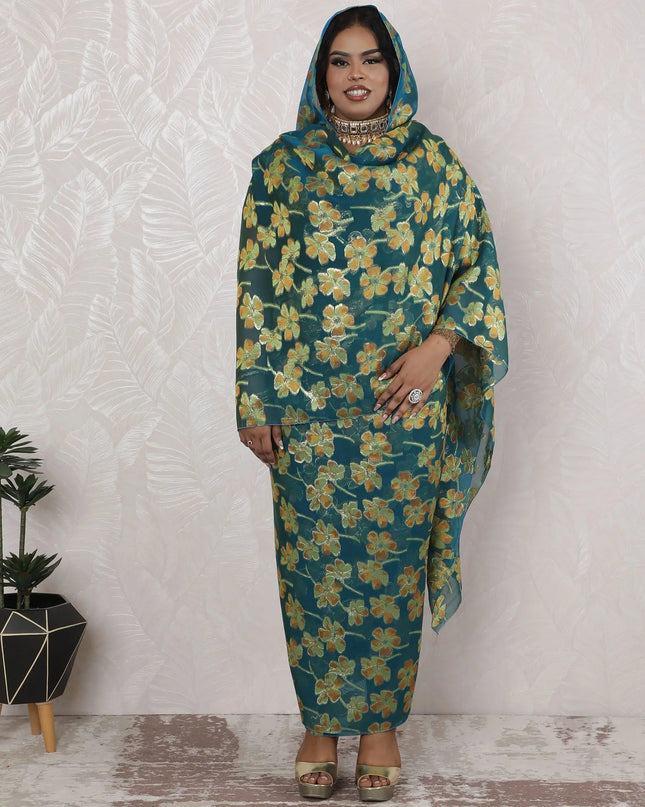 Teal and Gold Floral Silk Chiffon Thobe Fabric - Metallic Lurex Detailing, 110cm Width, 4.5 Mtrs Length - Authentic Sudanese Craftsmanship-D18483 Regal Fabrics