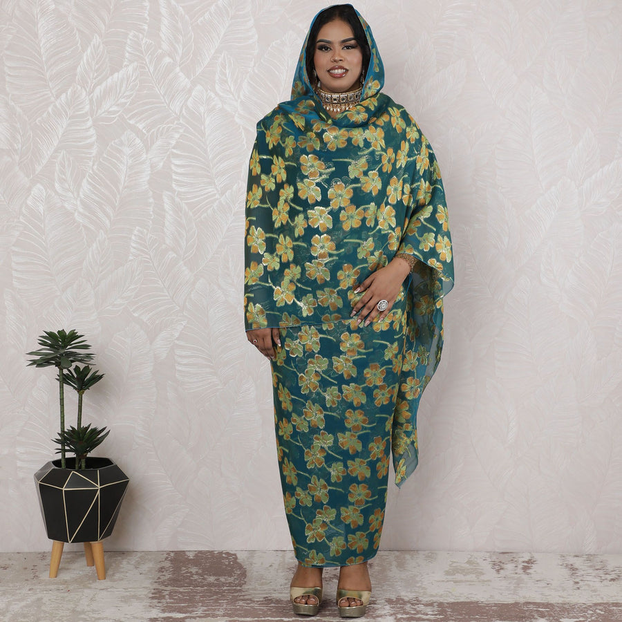 Teal and Gold Floral Silk Chiffon Thobe Fabric - Metallic Lurex Detailing, 110cm Width, 4.5 Mtrs Length - Authentic Sudanese Craftsmanship-D18483