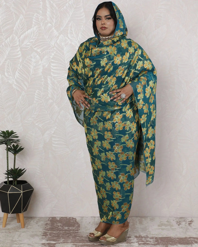 Teal and Gold Floral Silk Chiffon Thobe Fabric - Metallic Lurex Detailing, 110cm Width, 4.5 Mtrs Length - Authentic Sudanese Craftsmanship-D18483 Regal Fabrics