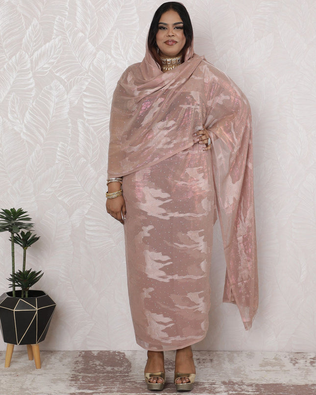 Blush Pink Abstract Silk Chiffon Thobe Fabric with Metallic Lurex having stone work, 110cm Wide, 4.5 Mtrs Piece - Elegant Sudanese Craft-D18484