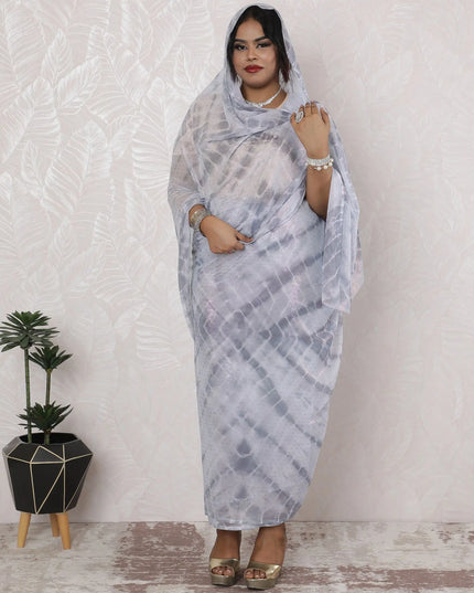 Misty Grey Tie-Dye Silk Chiffon Thobe Fabric with Metallic Lurex having stone work, 110cm Wide, 4.5 Mtrs Length - Traditional Sudanese Elegance-D18485 Regal Fabrics