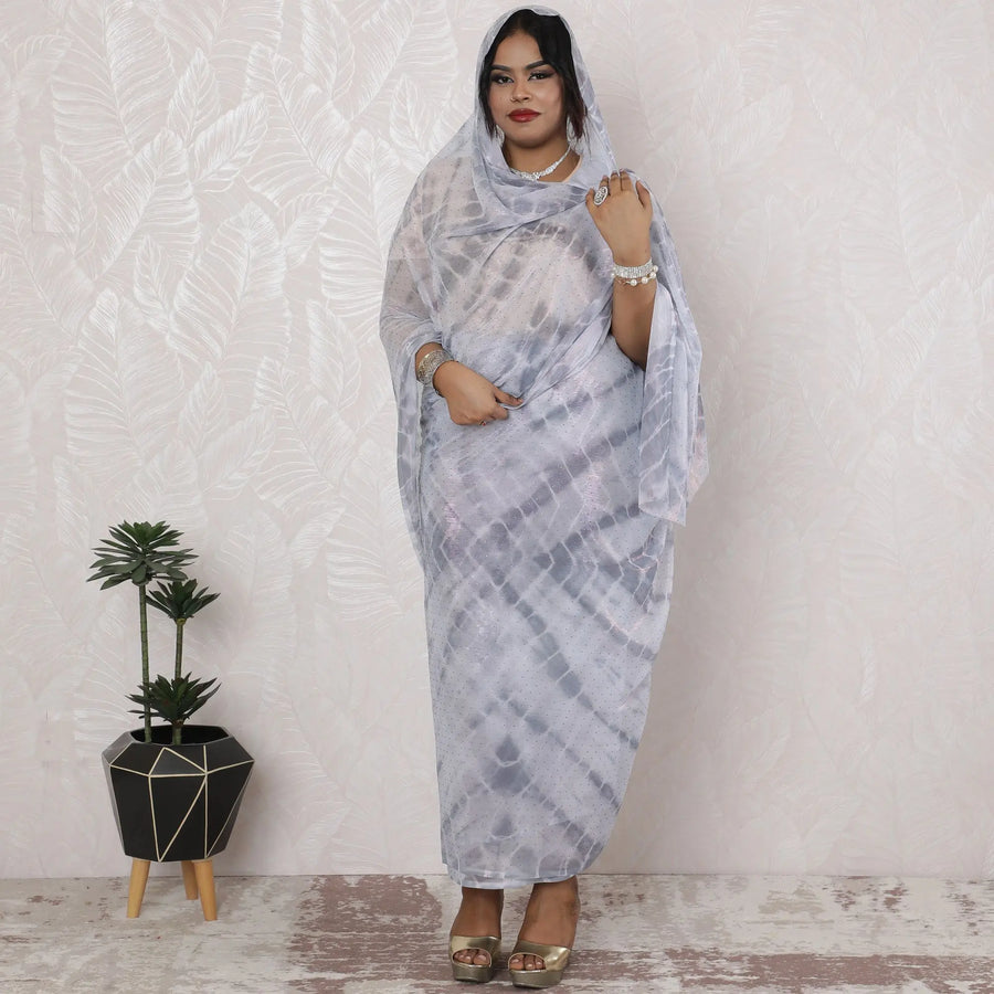 Misty Grey Tie-Dye Silk Chiffon Thobe Fabric with Metallic Lurex having stone work, 110cm Wide, 4.5 Mtrs Length - Traditional Sudanese Elegance-D18485 Regal Fabrics
