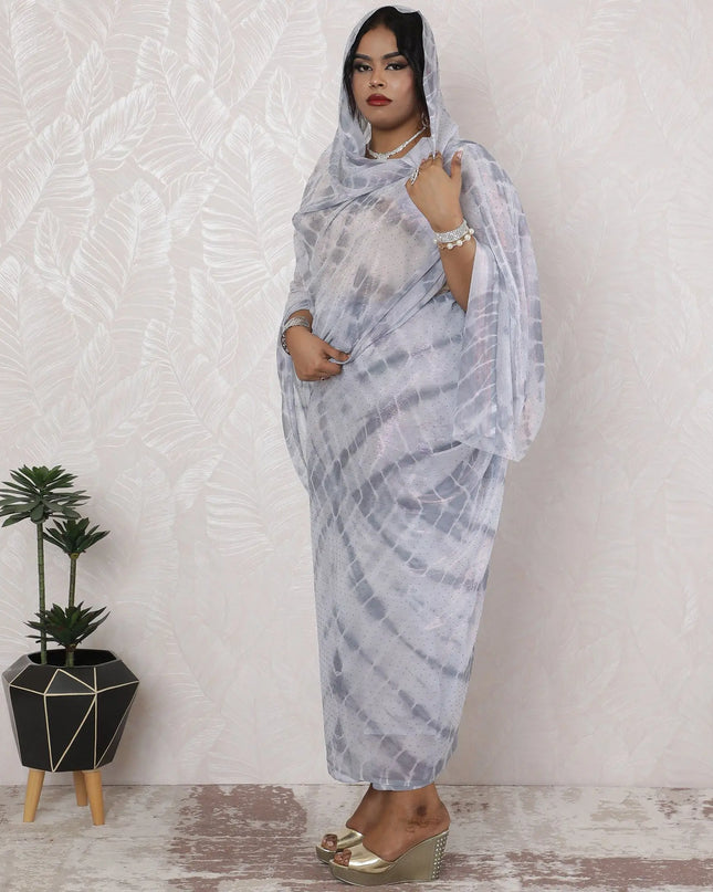 Misty Grey Tie-Dye Silk Chiffon Thobe Fabric with Metallic Lurex having stone work, 110cm Wide, 4.5 Mtrs Length - Traditional Sudanese Elegance-D18485 Regal Fabrics