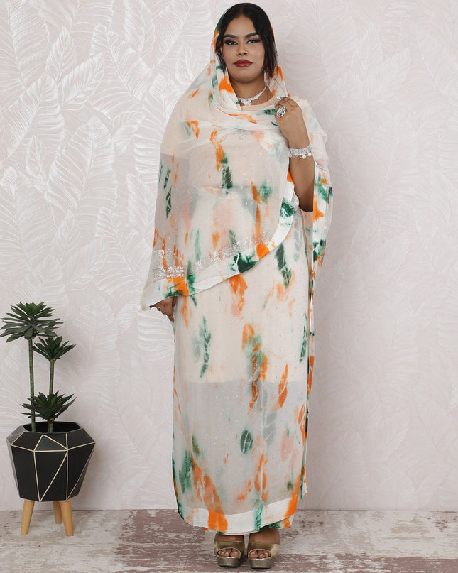 Abstract Orange and Green Silk Chiffon Thobe Fabric with Metallic Lurex having stone work, 110cm Width, 4.5 Mtrs Length - Vibrant Indian Design-D18486