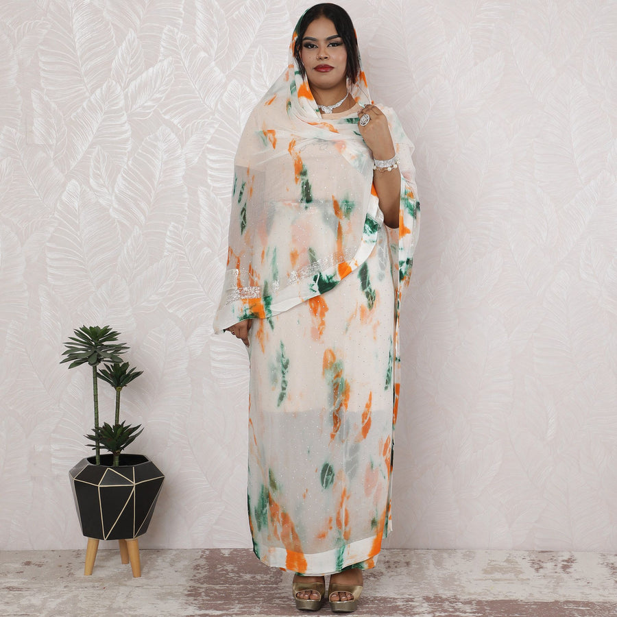 Abstract Orange and Green Silk Chiffon Thobe Fabric with Metallic Lurex having stone work, 110cm Width, 4.5 Mtrs Length - Vibrant Indian Design-D18486