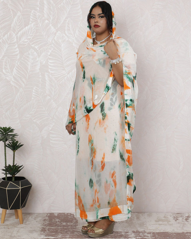 Abstract Orange and Green Silk Chiffon Thobe Fabric with Metallic Lurex having stone work, 110cm Width, 4.5 Mtrs Length - Vibrant Indian Design-D18486