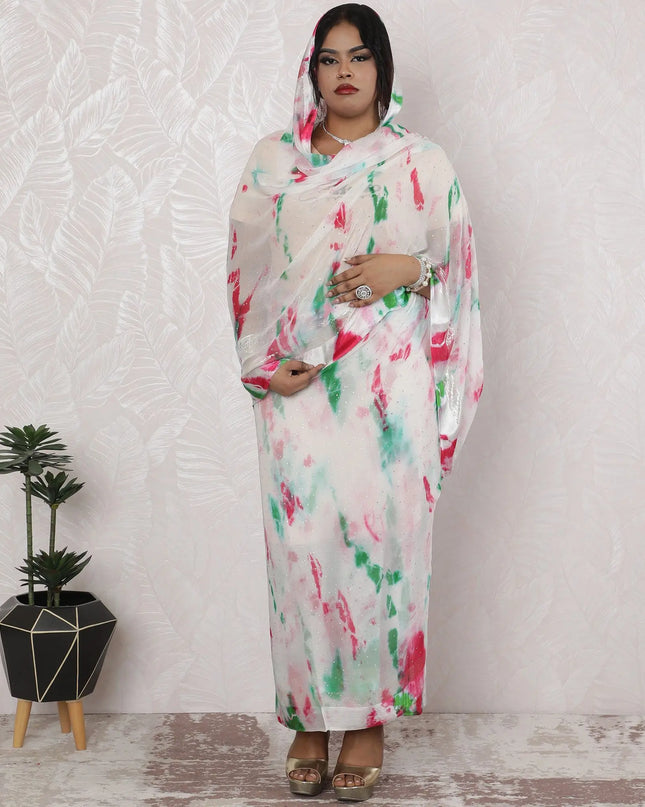Watercolor Pink and Green Silk Chiffon Thobe Fabric with Metallic Lurex having stone work, 110cm Width, 4.5 Mtrs Length - Artistic Indian Creation-D18487 Regal Fabrics