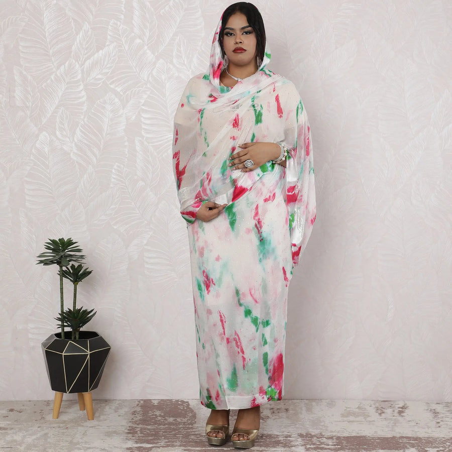Watercolor Pink and Green Silk Chiffon Thobe Fabric with Metallic Lurex having stone work, 110cm Width, 4.5 Mtrs Length - Artistic Indian Creation-D18487 Regal Fabrics