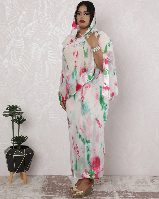 Watercolor Pink and Green Silk Chiffon Thobe Fabric with Metallic Lurex having stone work, 110cm Width, 4.5 Mtrs Length - Artistic Indian Creation-D18487 Regal Fabrics