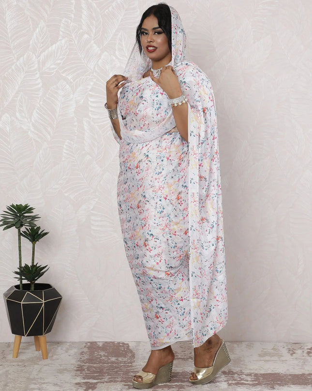 Floral Confetti Silk Chiffon Thobe Fabric with Lurex and Stone Work, 110cm Wide, 4.5 Mtrs Length - Exquisite Indian Craftsmanship-D18488 Regal Fabrics