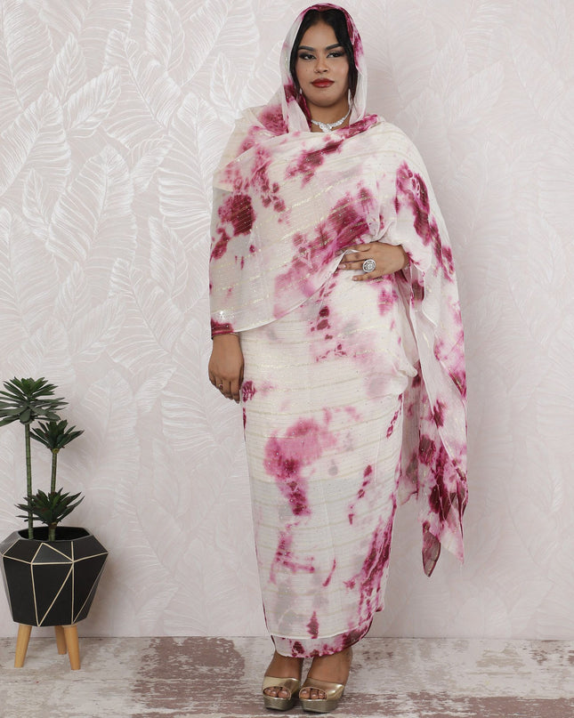 ثوب شيفون حرير عنابي اللون مع اللوريكس والحجر، عرض 110 سم، طول 4.5 متر - نسج هندي فاخر-D18489