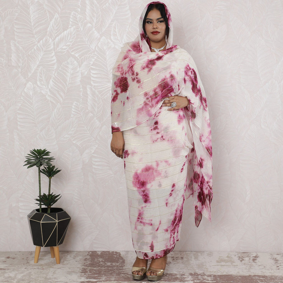 ثوب شيفون حرير عنابي اللون مع اللوريكس والحجر، عرض 110 سم، طول 4.5 متر - نسج هندي فاخر-D18489