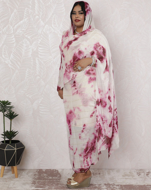 ثوب شيفون حرير عنابي اللون مع اللوريكس والحجر، عرض 110 سم، طول 4.5 متر - نسج هندي فاخر-D18489