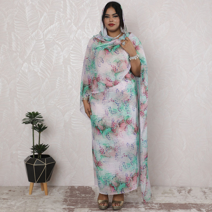 Pastel Dreams Silk Chiffon Thobe Fabric with Lurex and Stone Work, 110cm Wide, 4.5 Mtrs Length - Ethereal Indian Craftsmanship-D18490