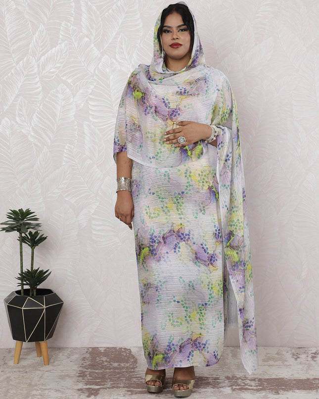 Impressionist Garden Silk Chiffon Thobe Fabric with Lurex and Stone Work, 110cm Wide, 4.5 Mtrs Length - Exquisite Indian Weave-D18491