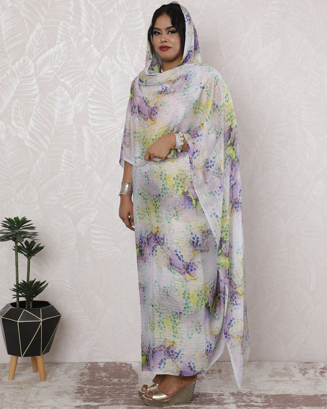 Impressionist Garden Silk Chiffon Thobe Fabric with Lurex and Stone Work, 110cm Wide, 4.5 Mtrs Length - Exquisite Indian Weave-D18491