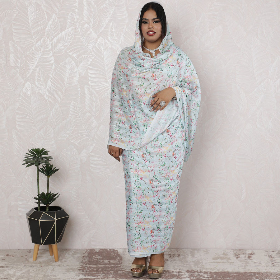 Spring Meadow Silk Chiffon Thobe Fabric with Lurex and Stone Work, 110cm Wide, 4.5 Mtrs Length - Enchanting Indian Weave-D18493