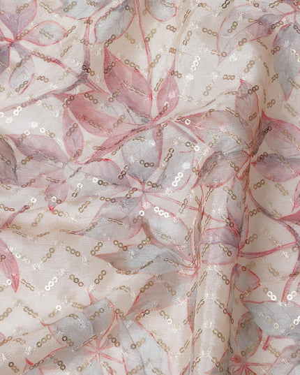 Enchanted Garden Sequin chinon Fabric - 110cm Wide, Ethereal Pink Embroidery from India-D18548