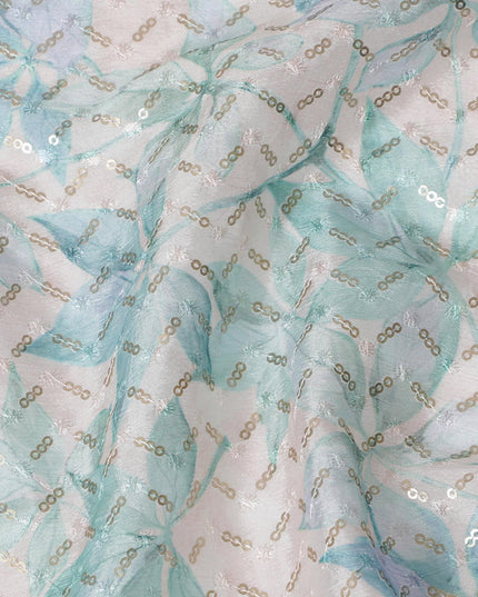 Elegant Aqua Blue Sequin Embroidered Synthetic chinon Fabric - 110cm Wide-D18549