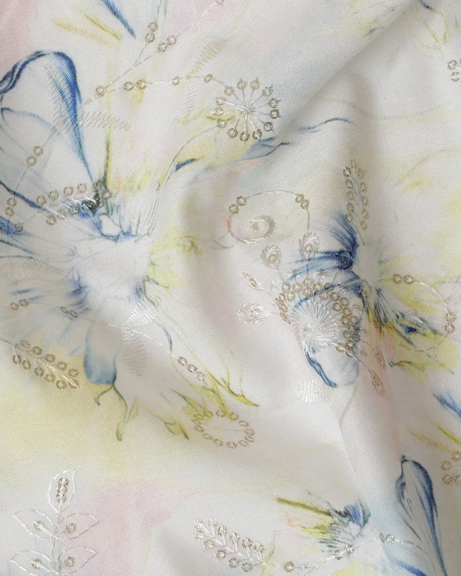 Soft Pastel Floral Sequin Embroidered Synthetic Cotton Fabric - 110cm Wide-D18551 Regal Fabrics