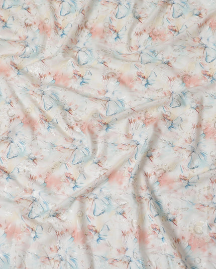 Blush & Sky Blue Floral Sequin Embroidered Synthetic Cotton Fabric - 110cm Wide-D18552