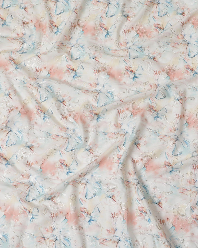 Blush & Sky Blue Floral Sequin Embroidered Synthetic Cotton Fabric - 110cm Wide-D18552
