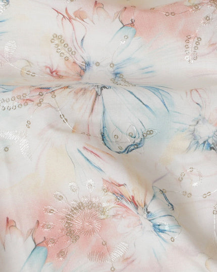 Blush & Sky Blue Floral Sequin Embroidered Synthetic Cotton Fabric - 110cm Wide-D18552