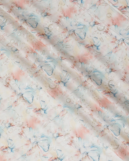 Blush & Sky Blue Floral Sequin Embroidered Synthetic Cotton Fabric - 110cm Wide-D18552