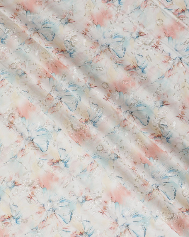 Blush & Sky Blue Floral Sequin Embroidered Synthetic Cotton Fabric - 110cm Wide-D18552