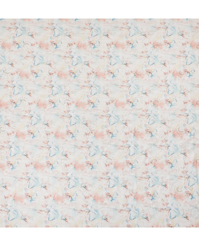 Blush & Sky Blue Floral Sequin Embroidered Synthetic Cotton Fabric - 110cm Wide-D18552