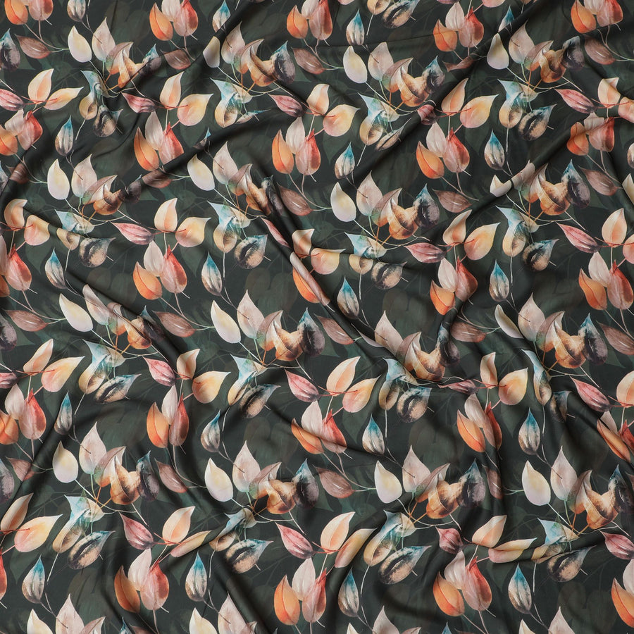 Harvest Hues Abstract Leaf Print Synthetic Satin Fabric - 110cm Wide-D18555
