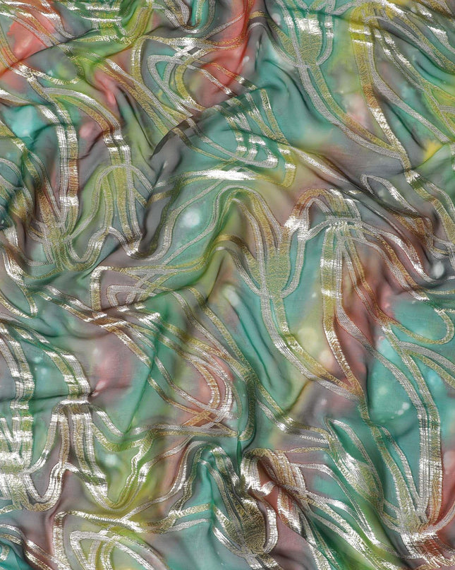 قماش شيفون نقي فاخر متعدد الألوان مع لوركس معدني وطباعة يدوية متعددة الألوان بتصميم تجريدي-D15677