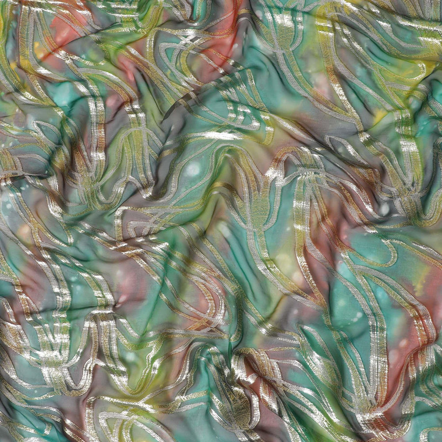 قماش شيفون نقي فاخر متعدد الألوان مع لوركس معدني وطباعة يدوية متعددة الألوان بتصميم تجريدي-D15677