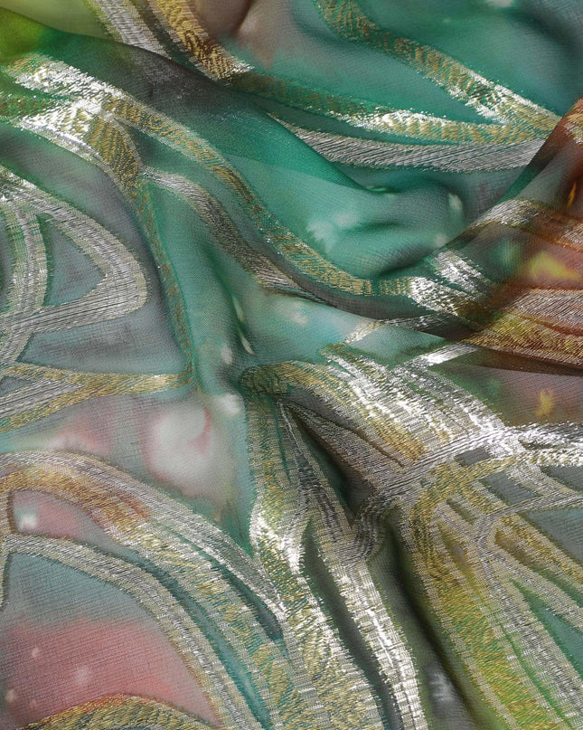 قماش شيفون نقي فاخر متعدد الألوان مع لوركس معدني وطباعة يدوية متعددة الألوان بتصميم تجريدي-D15677