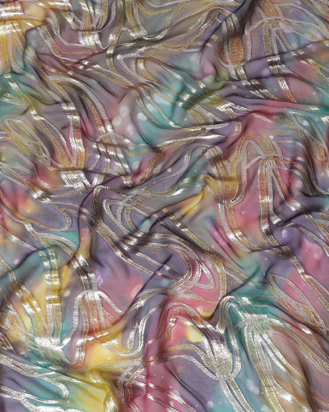 قماش شيفون نقي فاخر متعدد الألوان مع لوركس معدني وطباعة يدوية متعددة الألوان بتصميم تجريدي-D15678