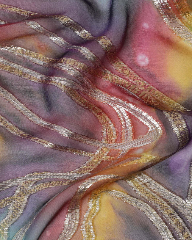 قماش شيفون نقي فاخر متعدد الألوان مع لوركس معدني وطباعة يدوية متعددة الألوان بتصميم تجريدي-D15678